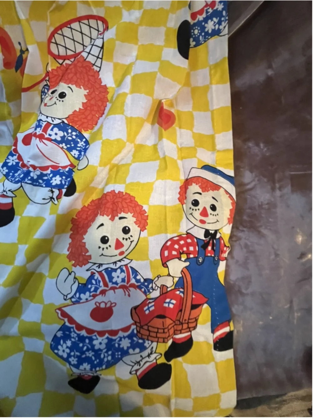 vintage raggedy ann and andy curtain panel pair set yellow checkered SEE PICTURE